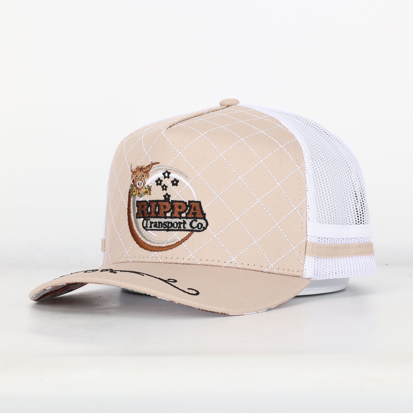 Trucker Cap - Beige & White Mid-Peak "Rippa Transport Co." Highland Cow Edition