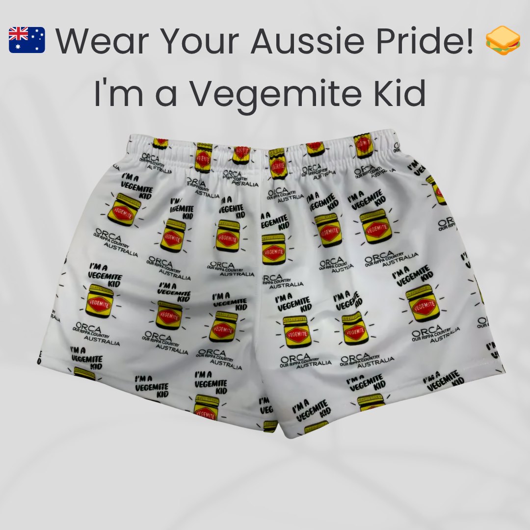 Footy Shorts -Wear Your Aussie Pride! I'm a Vegemite Kid Design