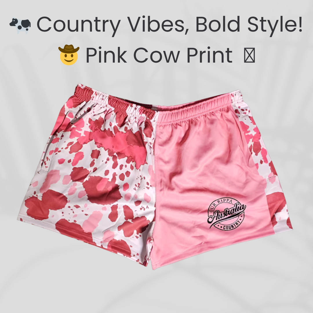 Footy Shorts – Country Vibes, Bold Style! Pink Cow Print