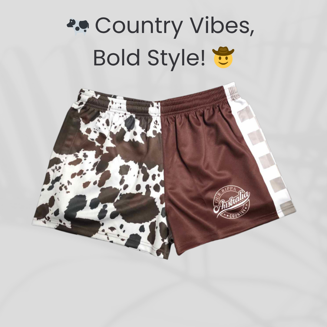 Footy Shorts - 🐄 Country Vibes, Bold Style! 🤠 Brown & White Cow Print