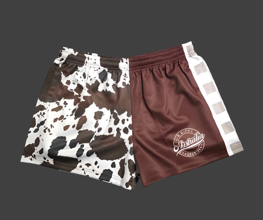 Footy Shorts - 🐄 Country Vibes, Bold Style! 🤠 Brown & White Cow Print