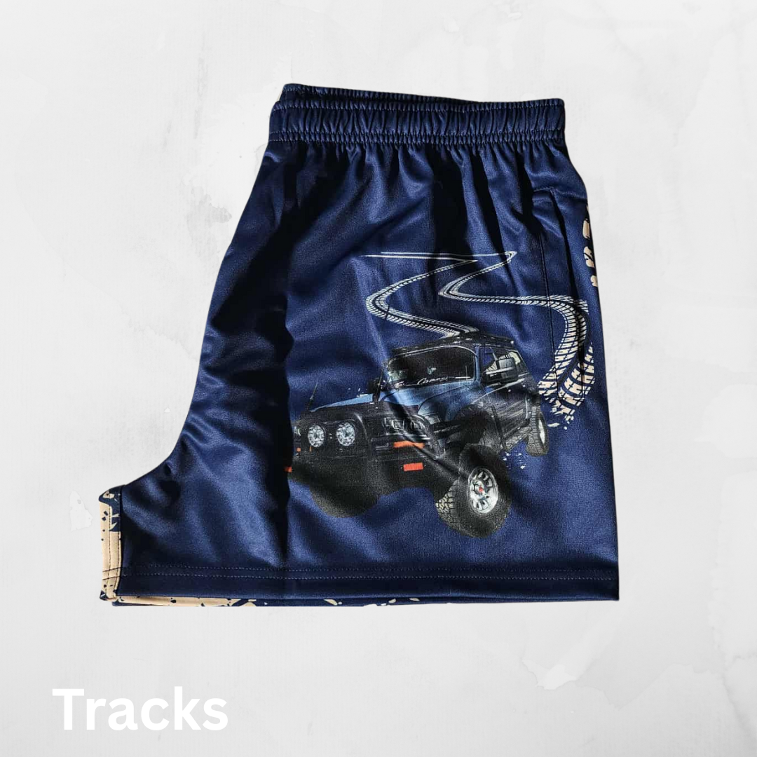 Footy Shorts - Leave Ordinary Behind with Our Tyre-Track 4x4 Adventure Shorts!