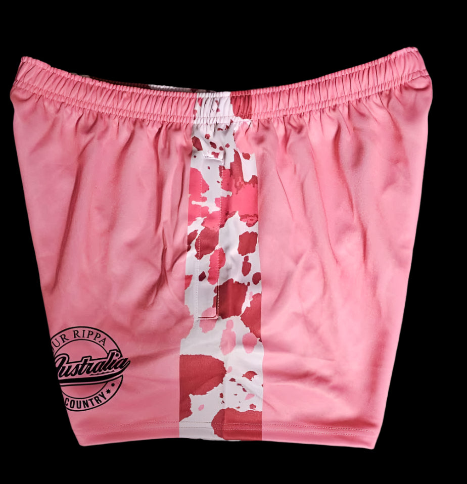 Footy Shorts – Country Vibes, Bold Style! Pink Cow Print