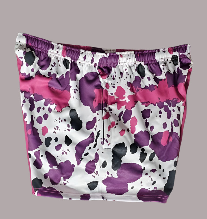 Footy Shorts โ Country Vibes, Bold Style! Purple Cow Print