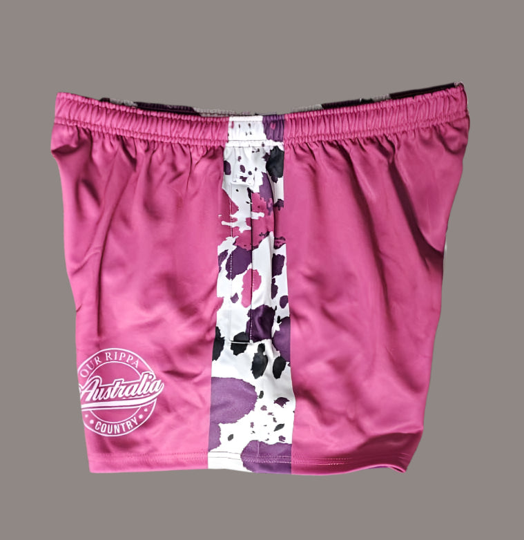 Footy Shorts โ Country Vibes, Bold Style! Purple Cow Print