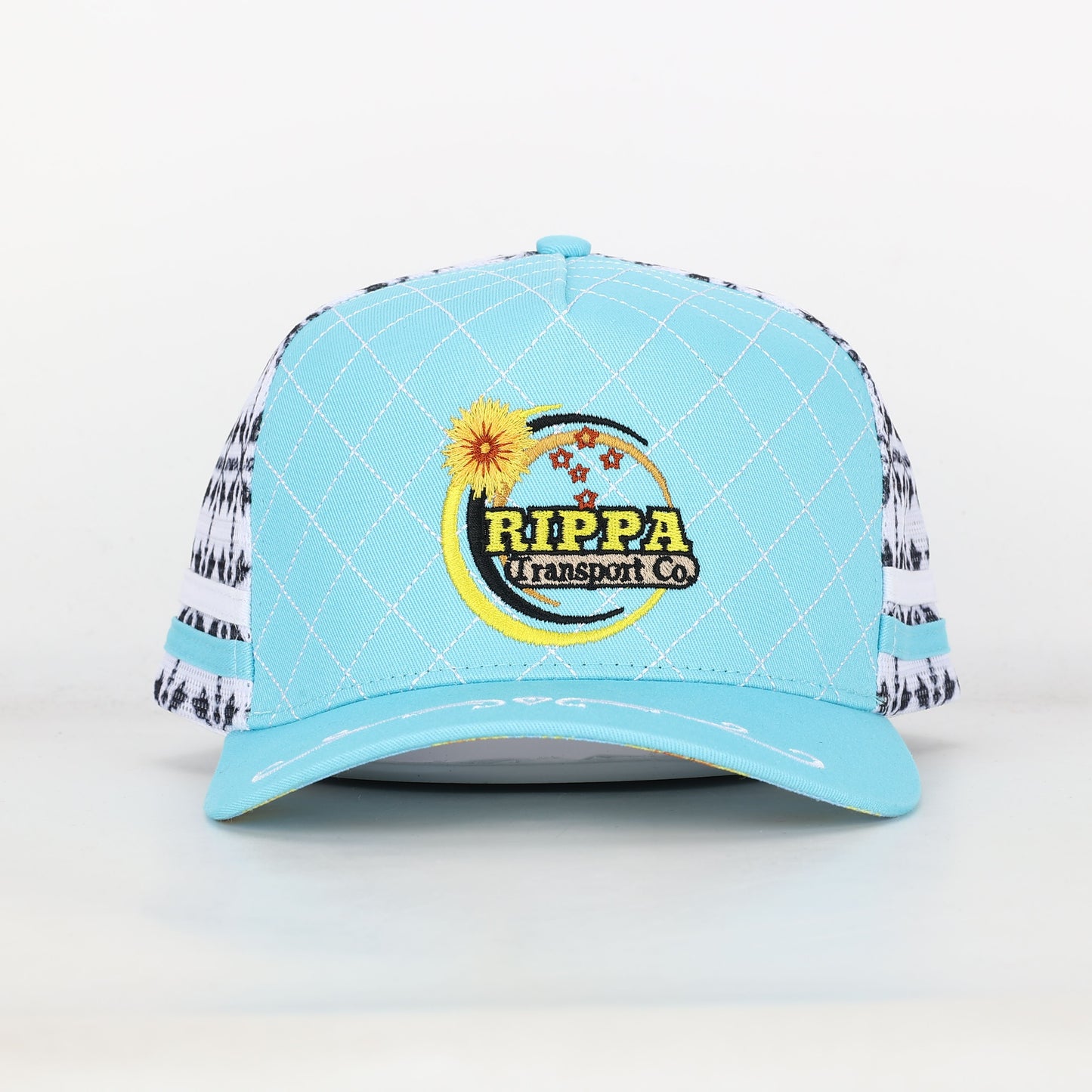 Trucker Cap - Baby Blue & White Mid-Peak "Rippa Transport Co." Sunflower Aztec Mesh Edition