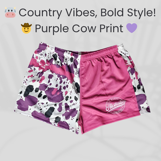 Footy Shorts –  Country Vibes, Bold Style!  Purple Cow Print