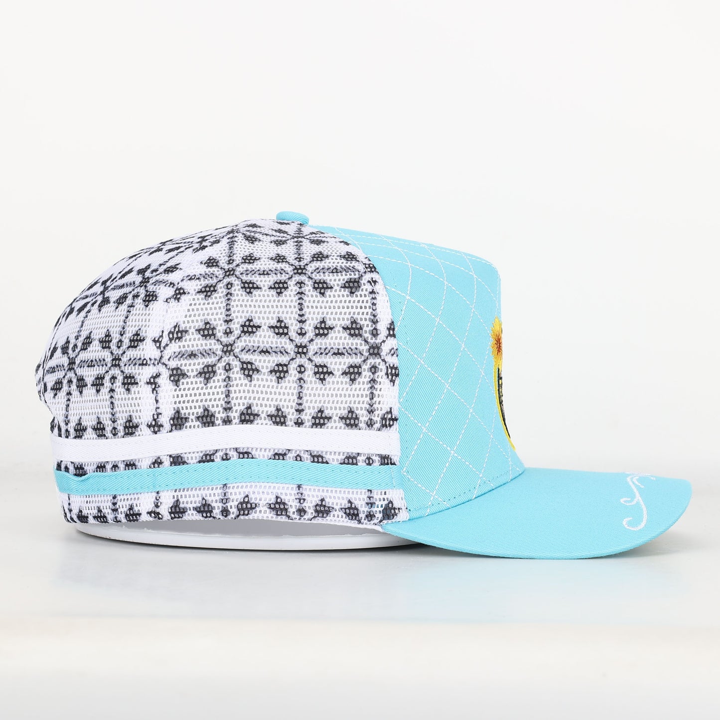 Trucker Cap - Baby Blue & White Mid-Peak "Rippa Transport Co." Sunflower Aztec Mesh Edition