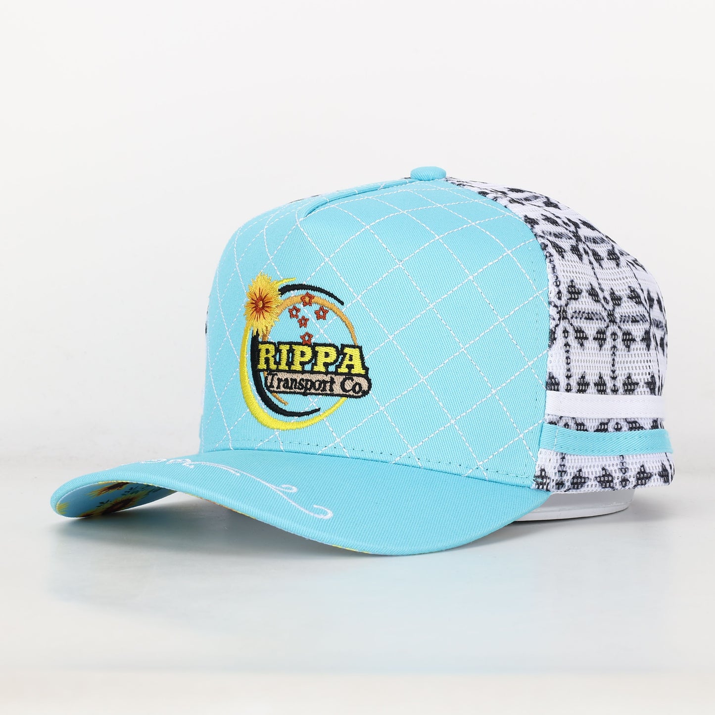 Trucker Cap - Baby Blue & White Mid-Peak "Rippa Transport Co." Sunflower Aztec Mesh Edition