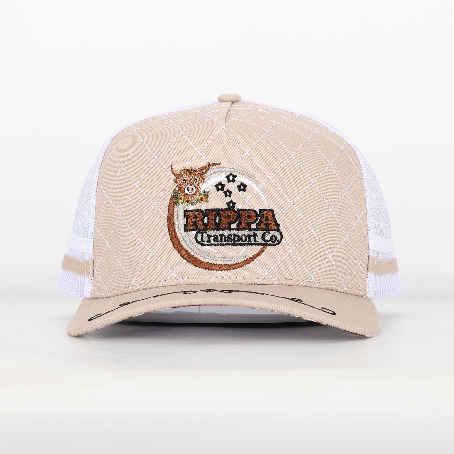 Trucker Cap - Beige & White Mid-Peak "Rippa Transport Co." Highland Cow Edition