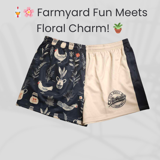Footy Short - Farmyard Fun Meets Floral Charm! Chickens, Flowers & Pots Design