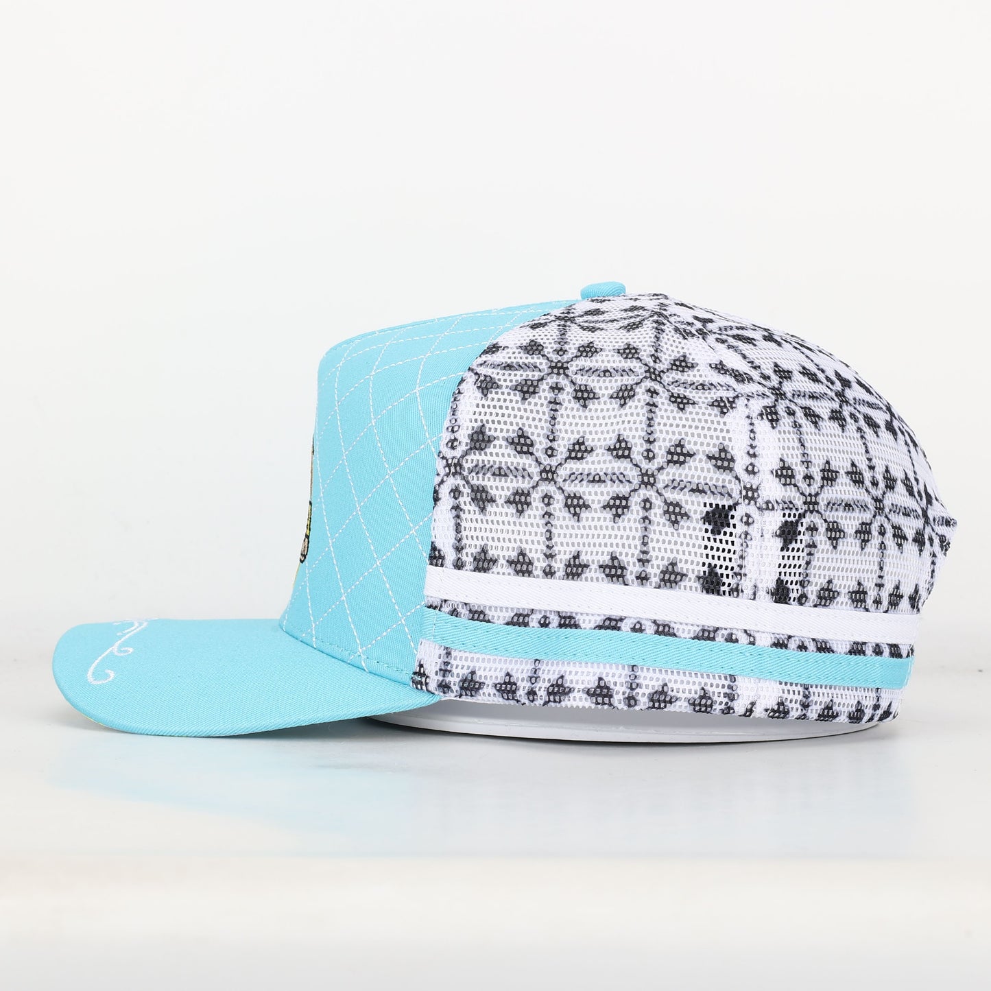 Trucker Cap - Baby Blue & White Mid-Peak "Rippa Transport Co." Sunflower Aztec Mesh Edition