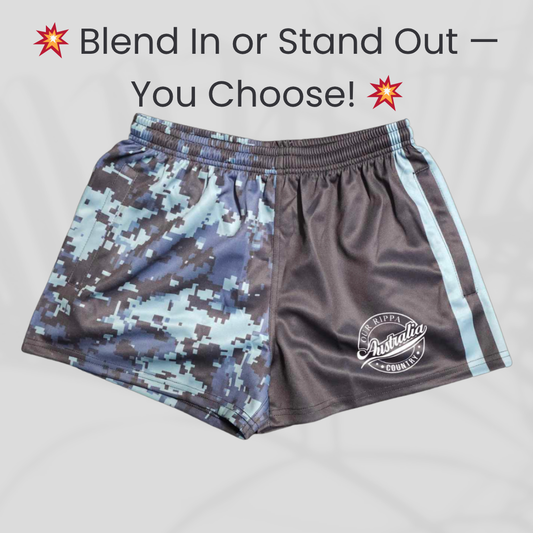 Footy Short -  Blend In. Stand Out.  Blue Camo & Khaki Design