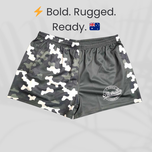 Footy Short - Bold. Rugged. Ready. Black/Green Camo Split Design