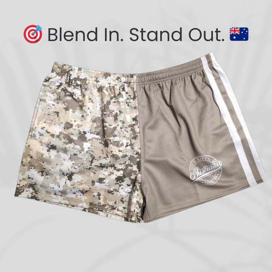 Footy Short -  Blend In. Stand Out.  Camo & Khaki Split Design