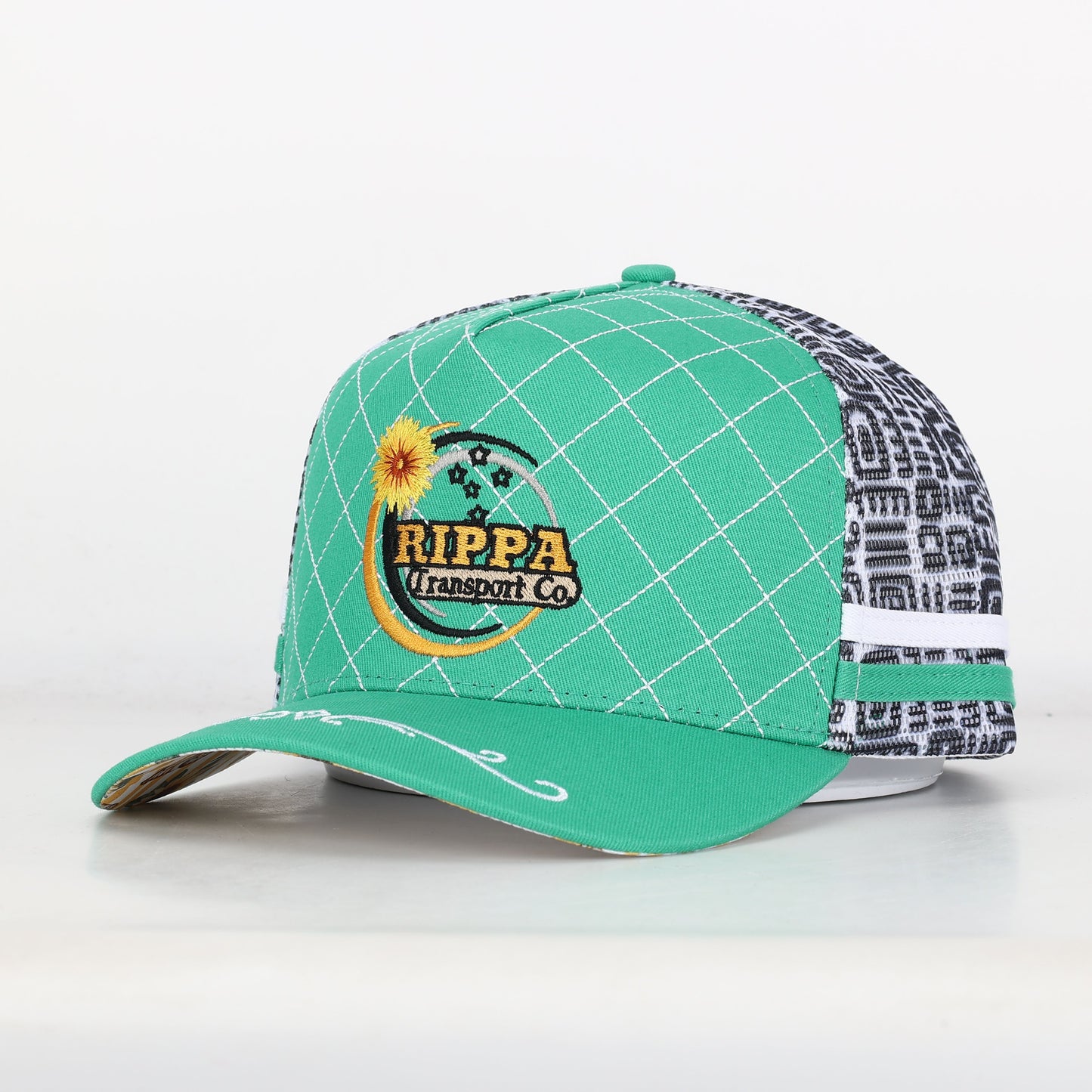 Trucker Cap - Green & White Mid-Peak "Rippa Transport Co." Sunflower & Butterfly Aztec Mesh Edition