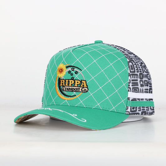 Trucker Cap - Green & White Mid-Peak "Rippa Transport Co." Sunflower & Butterfly Aztec Mesh Edition