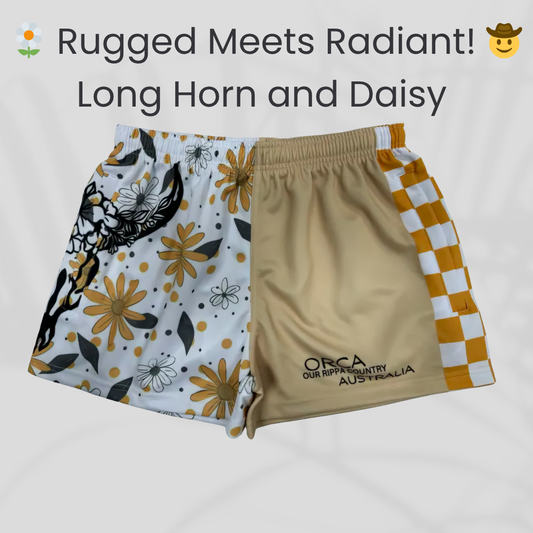 Footy Shorts - Rugged Meets Radiant!  Long Horn and Daisy Design