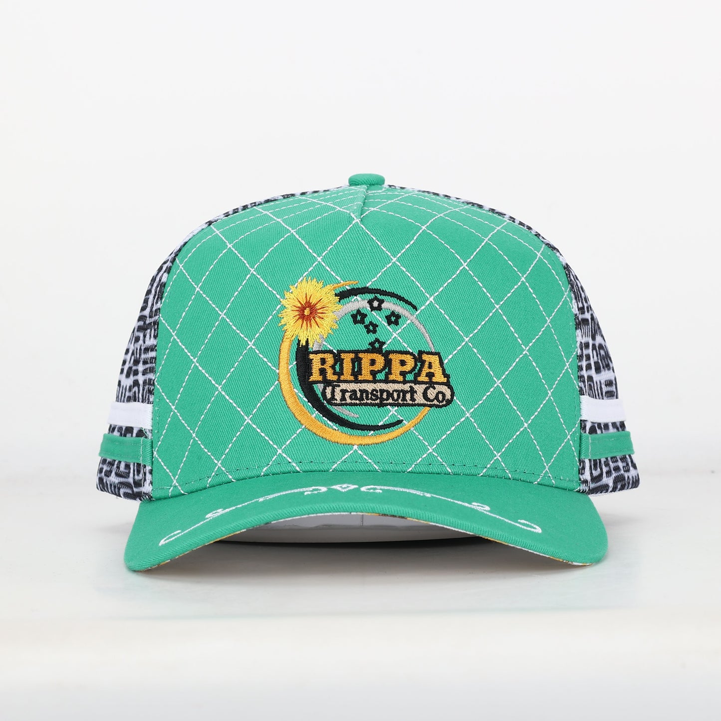 Trucker Cap - Green & White Mid-Peak "Rippa Transport Co." Sunflower & Butterfly Aztec Mesh Edition