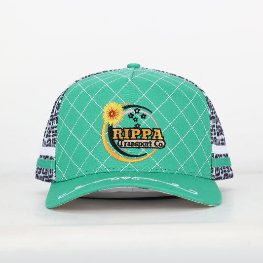 Trucker Cap - Green & White Mid-Peak "Rippa Transport Co." Sunflower & Butterfly Aztec Mesh Edition