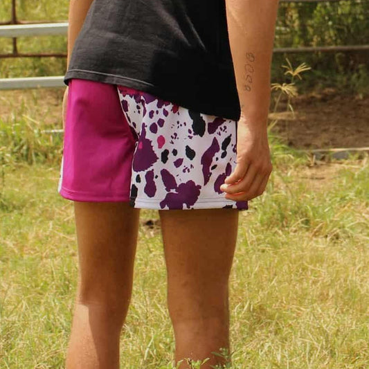 Footy Shorts –  Purple Cow Print