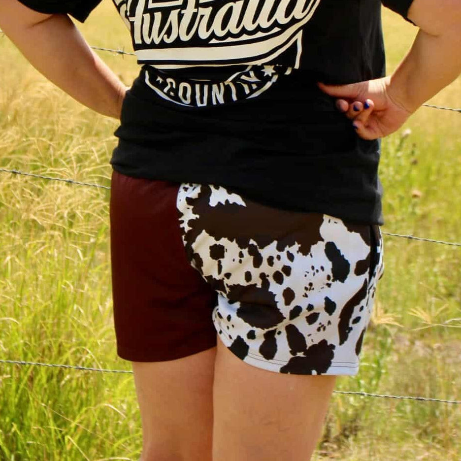 Footy Shorts - Brown & White Cow Print – Our Rippa Country Australia